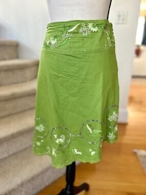 Vintage Y2K Green Sequin Floral Embroidered Asymmetric Midi Skirt A-line Boho